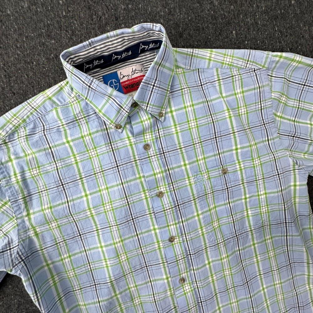 Wrangler George Strait Shirt Men Large Blue Green Plaid Cowboy Cut Western Short